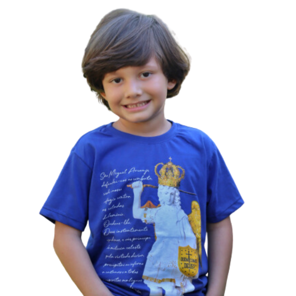 Camiseta de São Miguel Arcanjo Azul com oração - Infantil